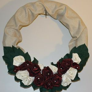 Handmade Wreath Fabric Roses w/Rhinestones
